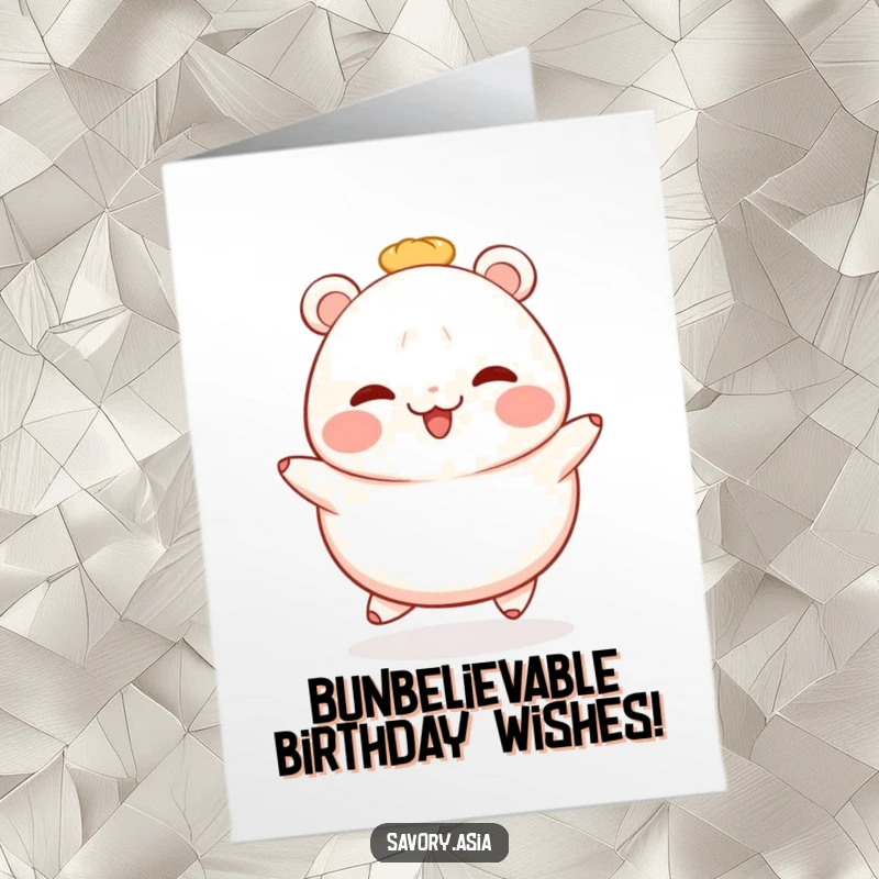 Funny Free Printable Birthday Card: A rosy-cheeked bao bun hops with joy, radiating birthday happiness.