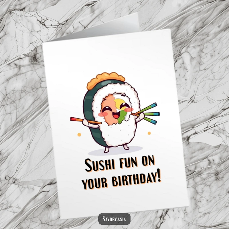 Funny Free Printable Birthday Card: Giggling sushi roll juggling chopsticks, foodie birthday humor, downloadable.