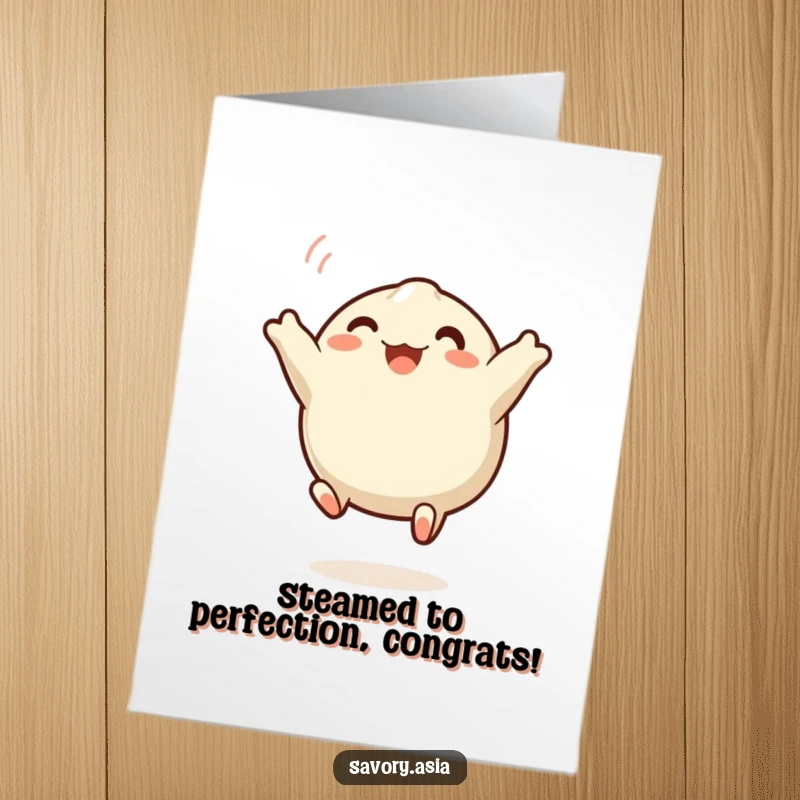 Funny Free Printable Congratulations Card: A happy steamed dumpling with wide eyes bounces excitedly, celebrating an achievement.