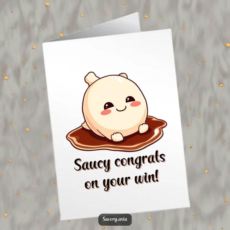 Funny Free Printable Congratulations Card: A potsticker with a sly grin slides across a soy sauce puddle, celebrating your win.