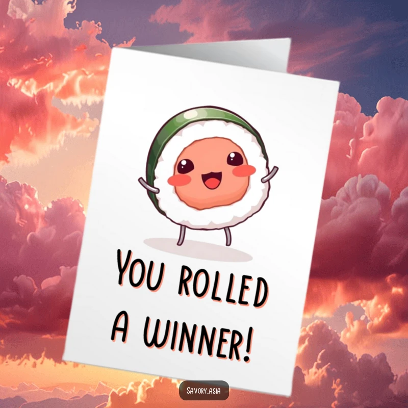 Funny free printable congratulations card: a giggling sushi with tiny legs does a cartwheel, symbolizing an energetic and successful achievement.
