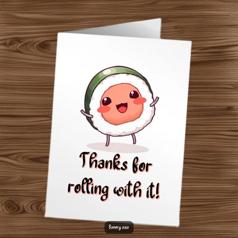 Funny free printable thank you card: a giggling sushi piece with tiny legs performs a cartwheel, conveying heartfelt thanks with energy.