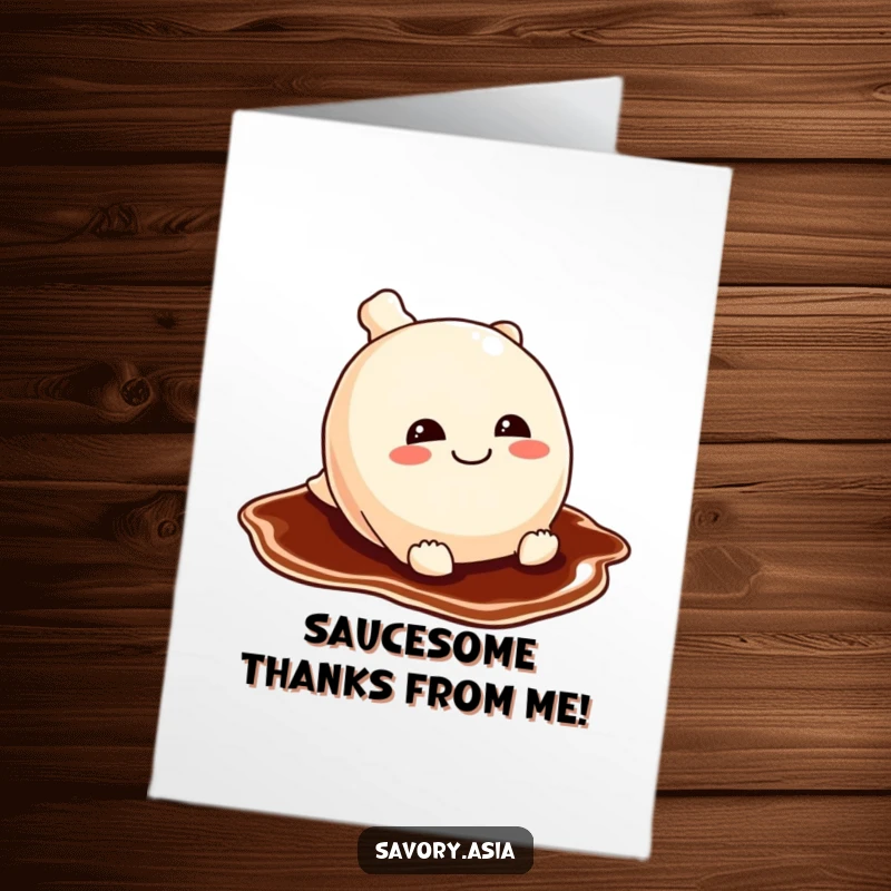 Funny Free Printable Thank You Card: A potsticker with a mischievous grin slides on soy sauce, offering thanks.