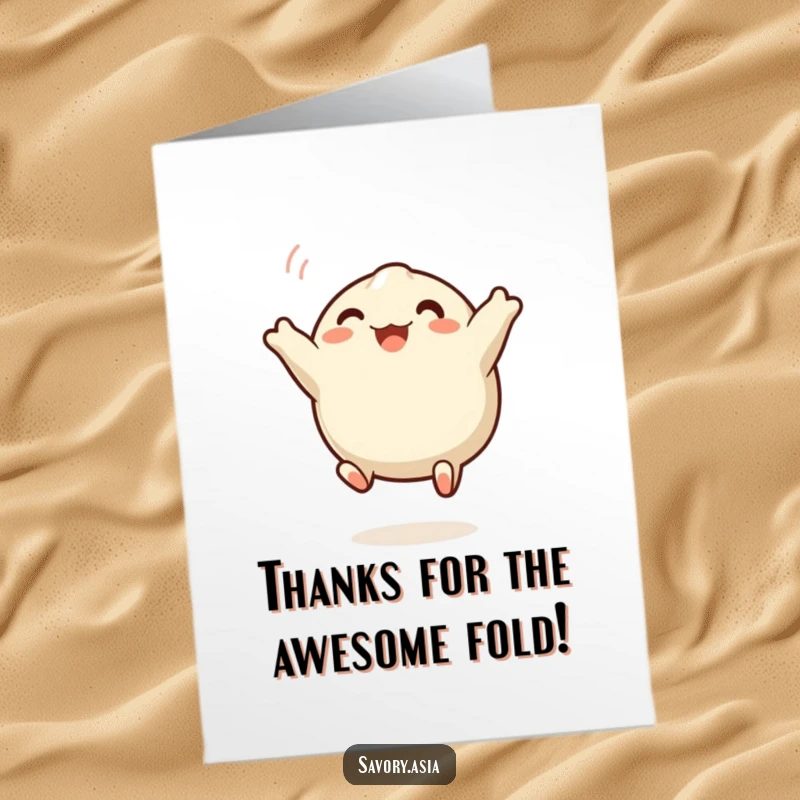 Funny Free Printable Thank You Card: A beaming steamed dumpling with eyes wide offers heartfelt thanks in a cheerful pose.