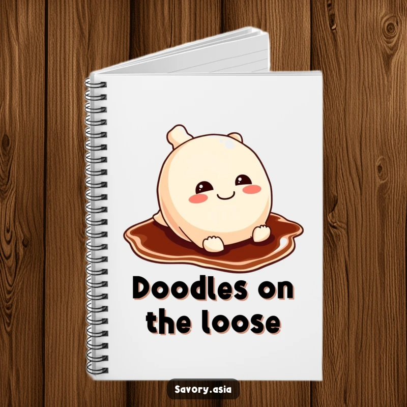 Funny potsticker notebook featuring a mischievous potsticker sliding on a soy sauce puddle, great for jotting down notes with humor.