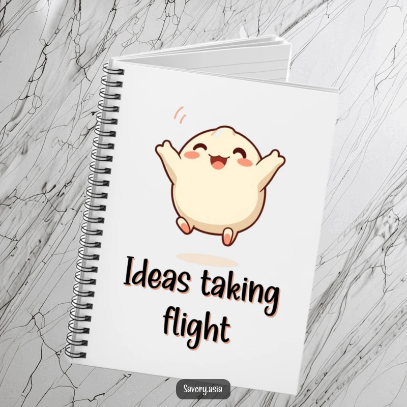 Funny dumpling notebook featuring a happy steamed dumpling leaping excitedly, perfect for jotting down notes with an amusing touch.
