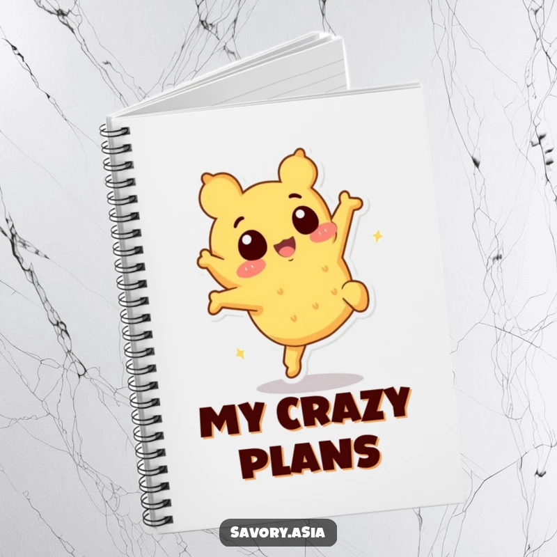 Funny tempura character notebook, featuring a cheerful piece doing a playful somersault, perfect for writing with humor.