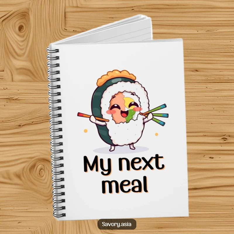 Funny Notebook with a giggling sushi roll character juggling chopsticks, perfect for humorous notes and culinary inspiration.