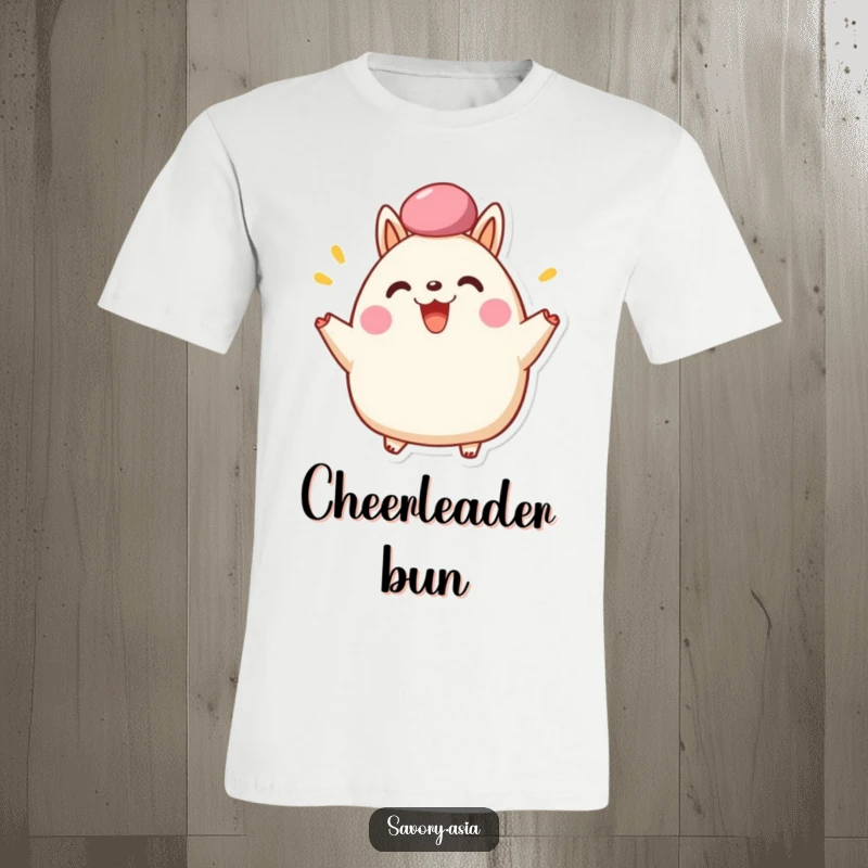 Funny T-Shirt depicting a happy bao bun character enthusiastically cheering with its fluffy top, symbolizing fun and excitement.