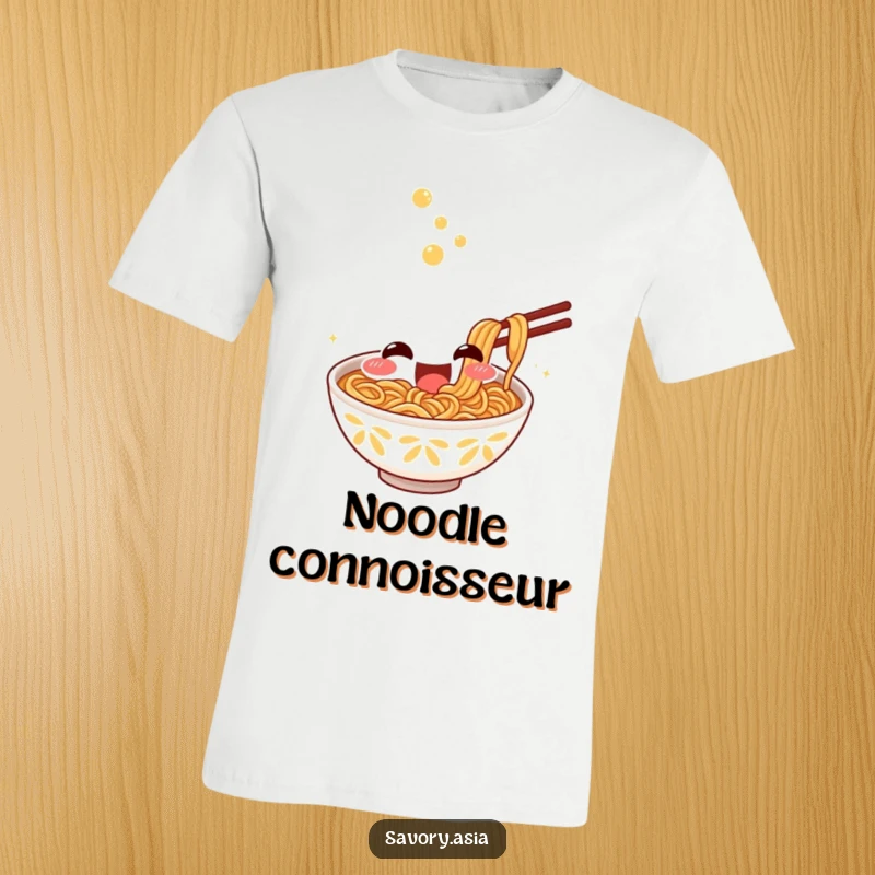 Funny T-Shirt depicting a smiling ramen bowl character with eyes closed, excitedly slurping a generous portion of noodles.