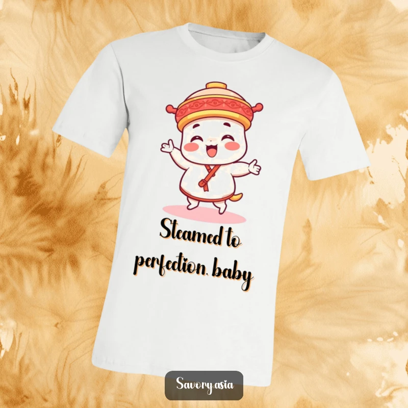 Funny dim sum platter character t-shirt, captured mid-dance with pure delight, a vibrant and humorous apparel.