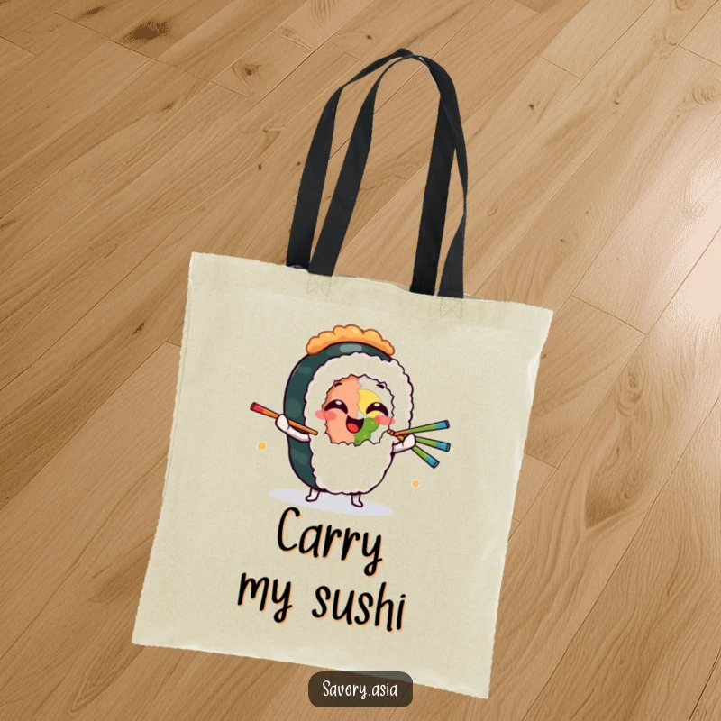 Funny Tote Bag with a giggling sushi roll character juggling chopsticks, ideal for carrying groceries or sushi takeout humorously.