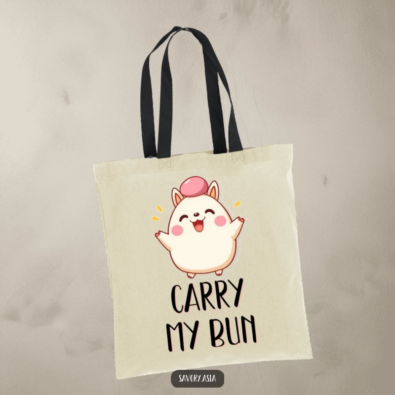 Funny Tote Bag with a happy bao bun character cheering with its fluffy top, ideal for carrying groceries or daily essentials humorously.