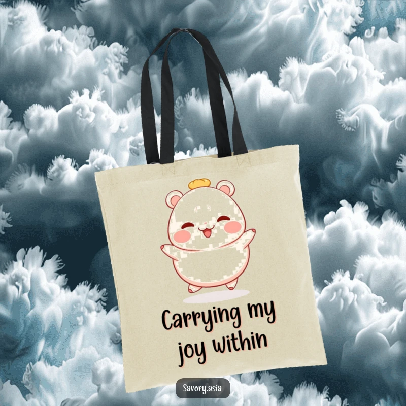 Funny bao bun tote bag featuring a rosy-cheeked, cheerful bao bun happily hopping, ideal for carrying items with cute flair.