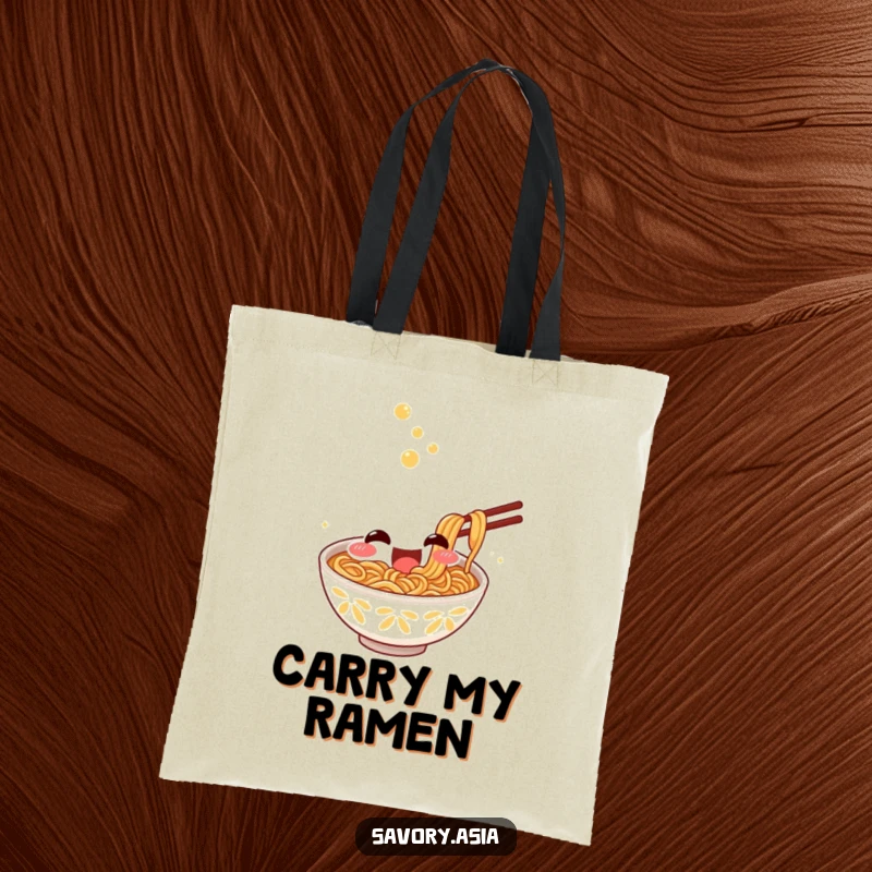 Funny Tote Bag with a smiling ramen bowl character excitedly slurping noodles, ideal for carrying groceries or takeout humorously.