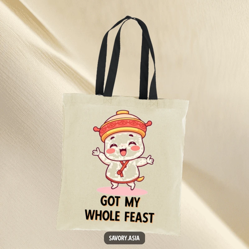 Funny dim sum platter character tote bag, illustrating a joyful dance, perfect for carrying groceries with humor.