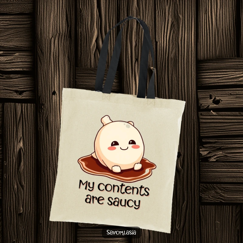 Funny potsticker tote bag featuring a mischievous potsticker sliding on soy sauce, perfect for carrying items with a playful twist.