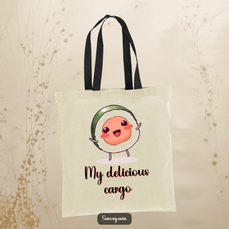 Funny tote bag of a giggling sushi piece with tiny legs doing a cartwheel, perfect for carrying items with humorous flair.